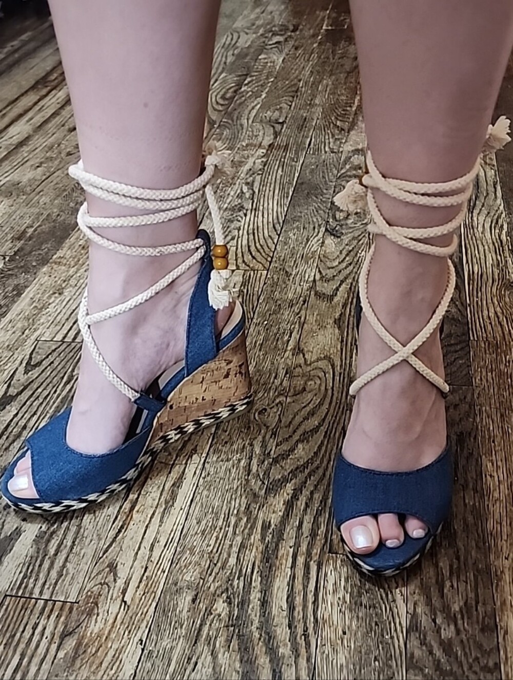 Mix NO. 6 Denim Espardrille Lace Up Cork Wedge Sandals Size 8 NWOT